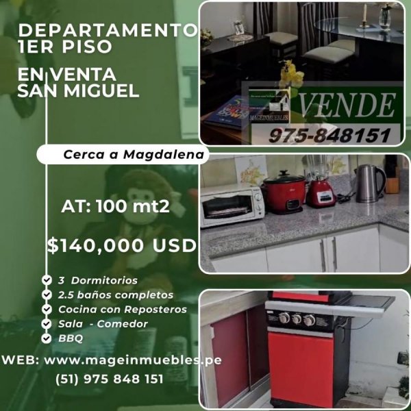 SAN MIGUEL – VENTA LINDO DEPARTAMENTO 1ER PISO  100 MT2 CASI NUEVO $129,000 USD