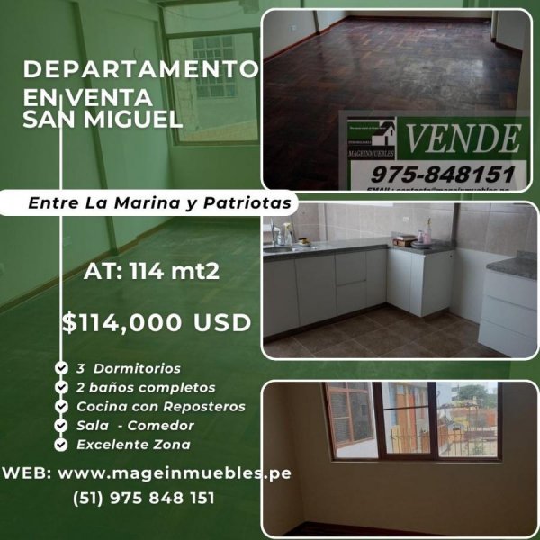 SAN MIGUEL - VENTA AMPLIO DEPARTAMENTO 2° PISO ALTURA 31 AV. LA MARINA $114,000 USD