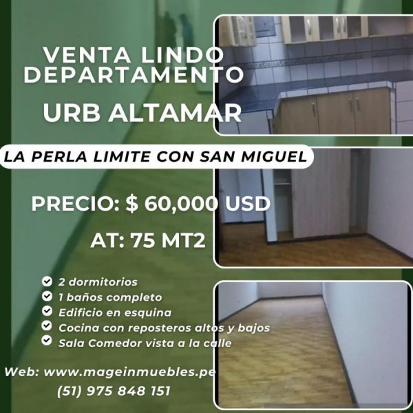 LA PERLA ALTA - VENTA LINDO DEPARTAMENTO 3er PISO  URB. ALTA MAR $60,000 USD