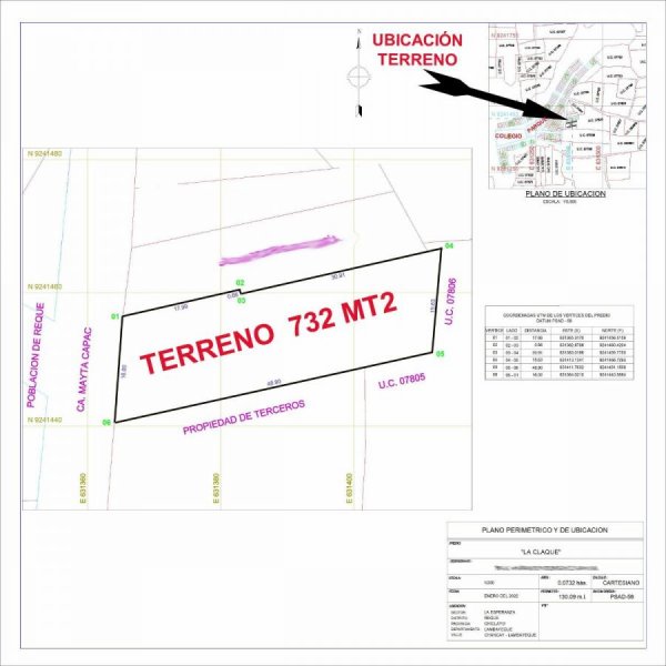 VENDO TERRENO 732 MT2 URBANO SANEADO (SUNARP) CON SERVICIOS SIN GRAVAMENES