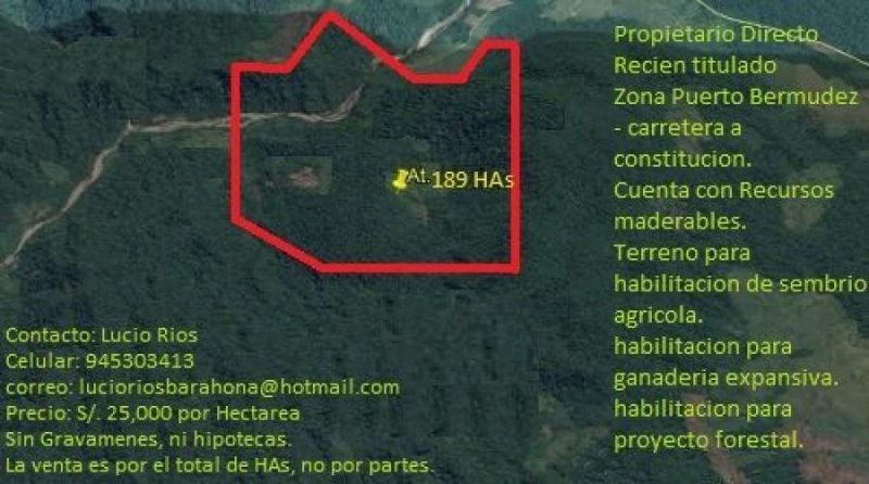 Terreno en Venta en SANTA ISABEL DE PELMAZ PUERTO BERMUDEZ, Oxapampa